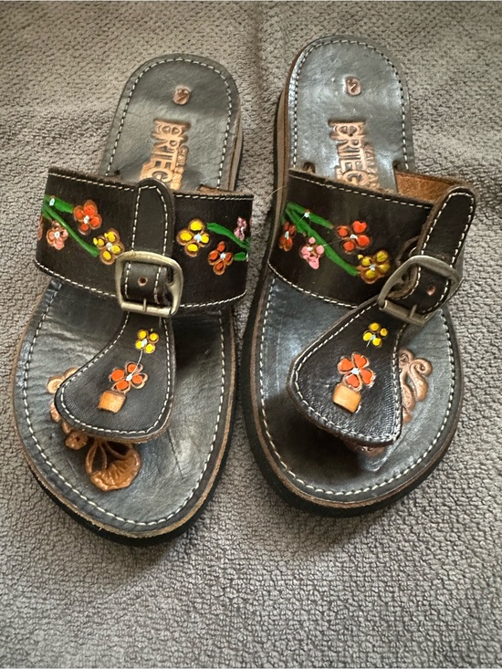 Free People Shoes - Embroidered Floral Black Leather Sandals